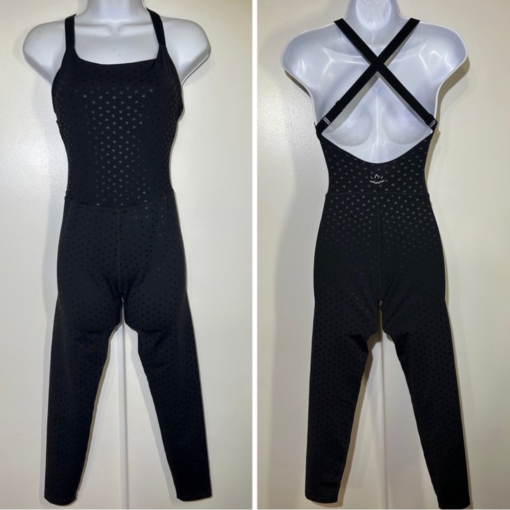 Beyond Yoga Activewear Jumpsuit Bodysuit Sprinkled Hearts Print Black.    Small